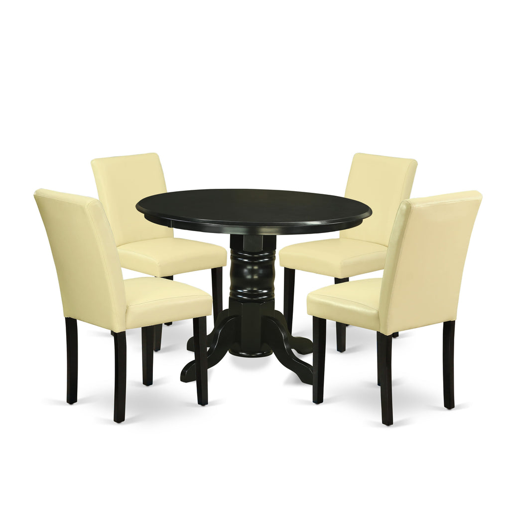 SHAB5-HXJ-IC 5-Piece Dining Ensemble with Rounded Pedestal Table & Eggnog Faux Leather Parsons - 42 Black
