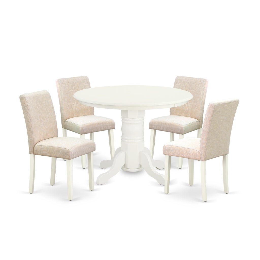 SHAB5-GIJ-Y4 Elegant 5-Piece Dining Set Round Table & Beige Linen Chairs, Compact 42 Design