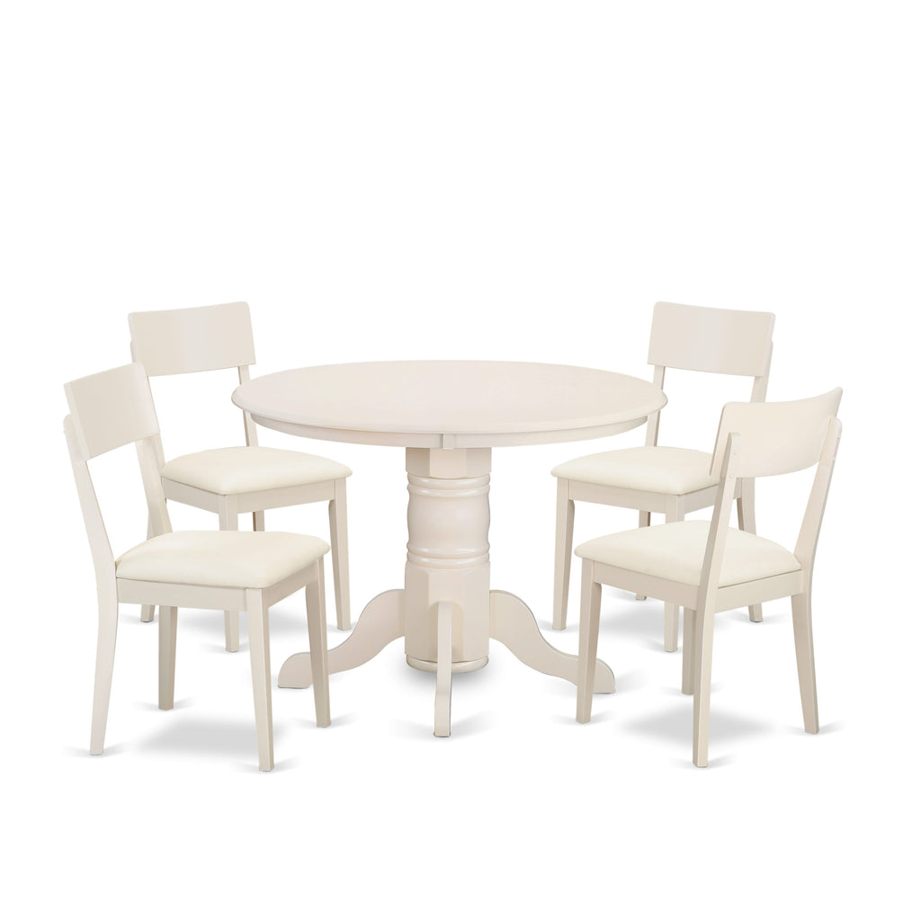 SHAD5-91N-FM 5-Piece Dining Set with Round Table and Faux Leather Chairs, White Finish