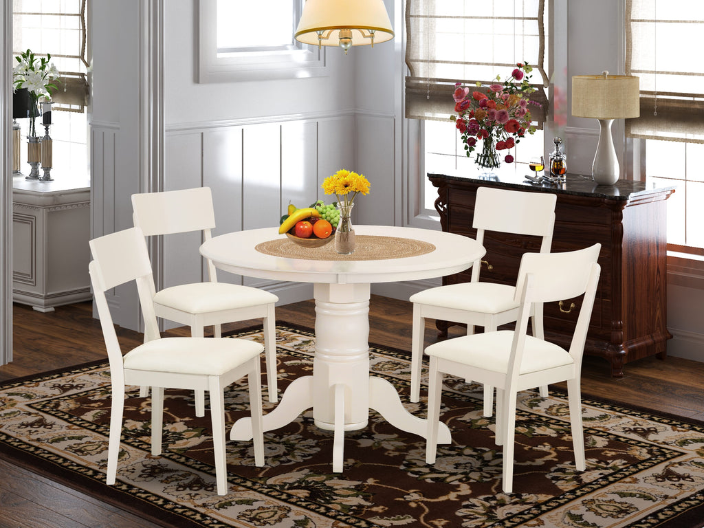 SHAD5-91N-FM 5-Piece Dining Set with Round Table and Faux Leather Chairs, White Finish