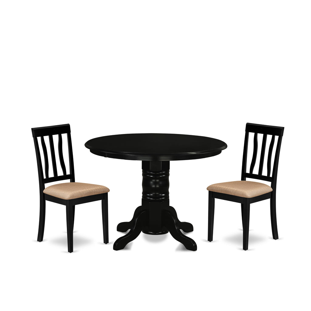 SHAN3-NUA-R 3-Piece Set Elegant Round Dining Table & Duo Chairs, Linen Upholstery, 42 Black Finish