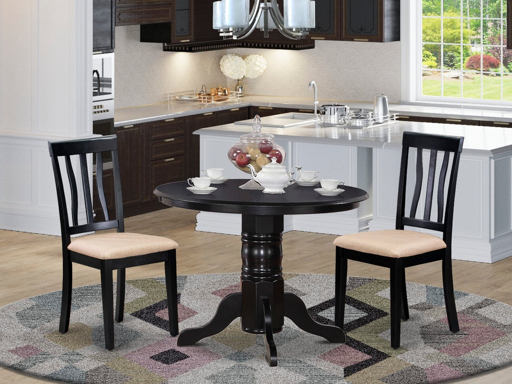 SHAN3-NUA-R 3-Piece Set Elegant Round Dining Table & Duo Chairs, Linen Upholstery, 42 Black Finish