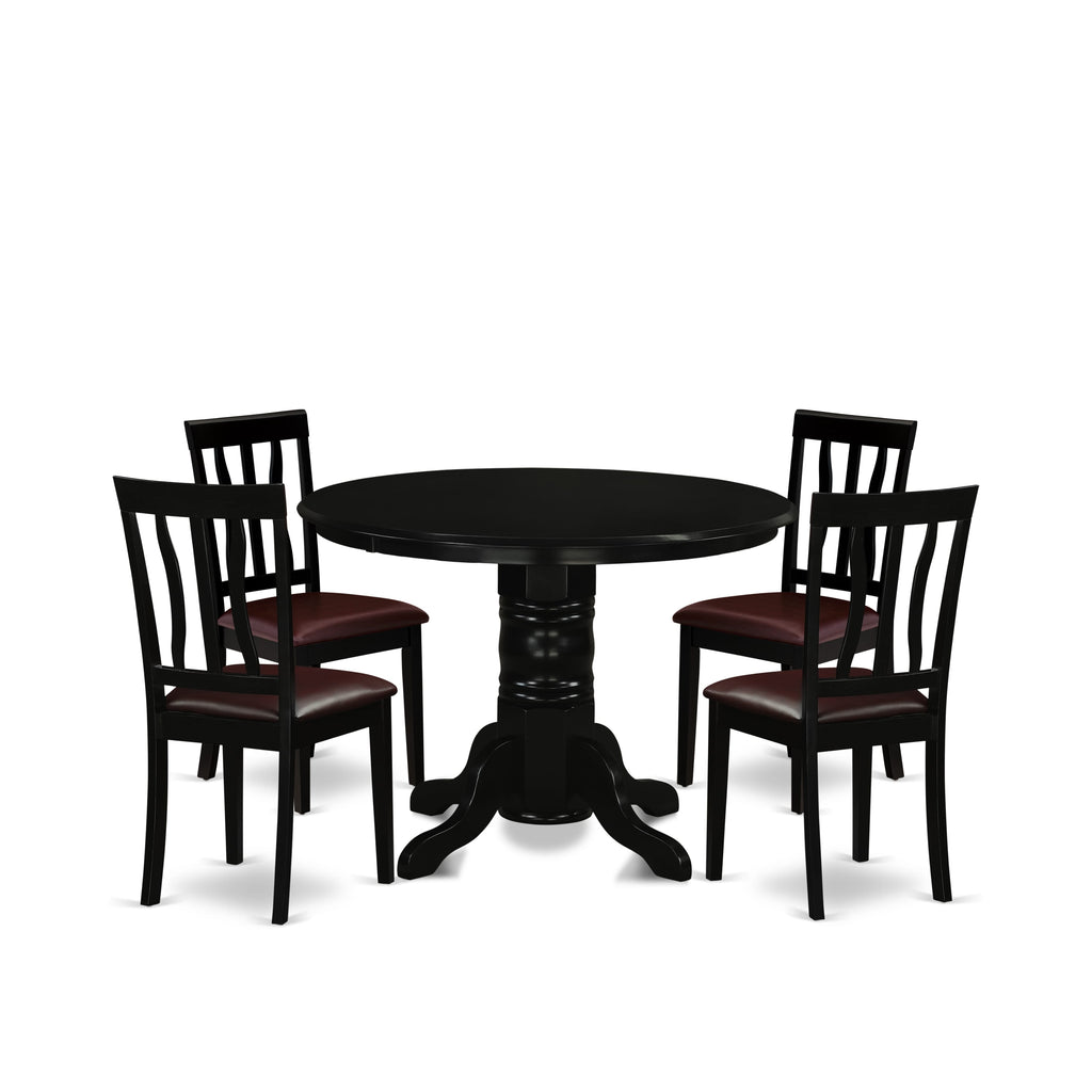 SHAN5-J8P-KA 5-Piece Dining Set with Pedestal Table & Faux Leather Seats in Elegant Black, 42 Round Design