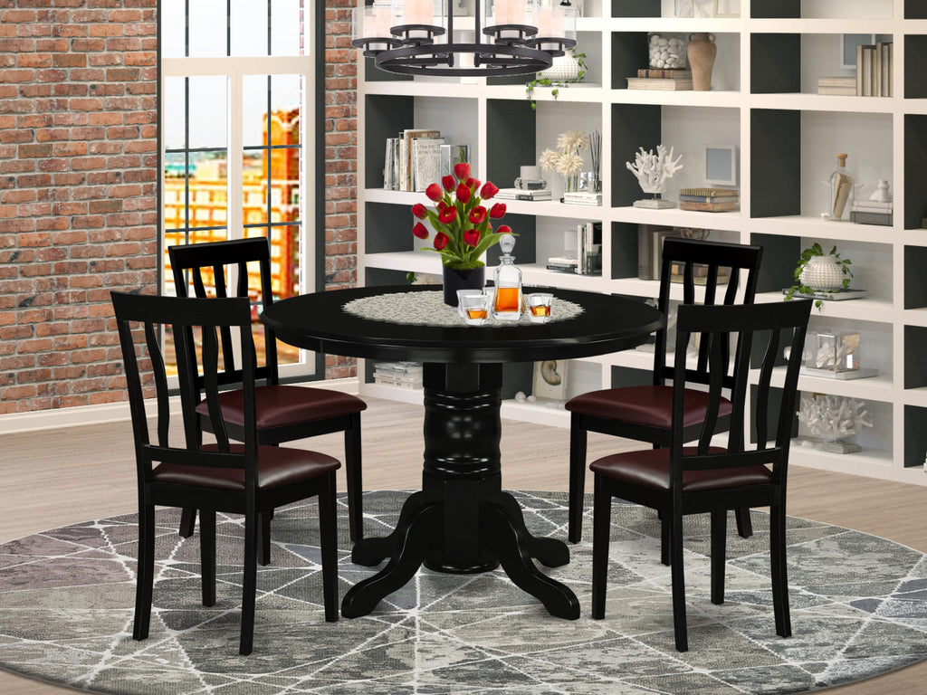 SHAN5-J8P-KA 5-Piece Dining Set with Pedestal Table & Faux Leather Seats in Elegant Black, 42 Round Design