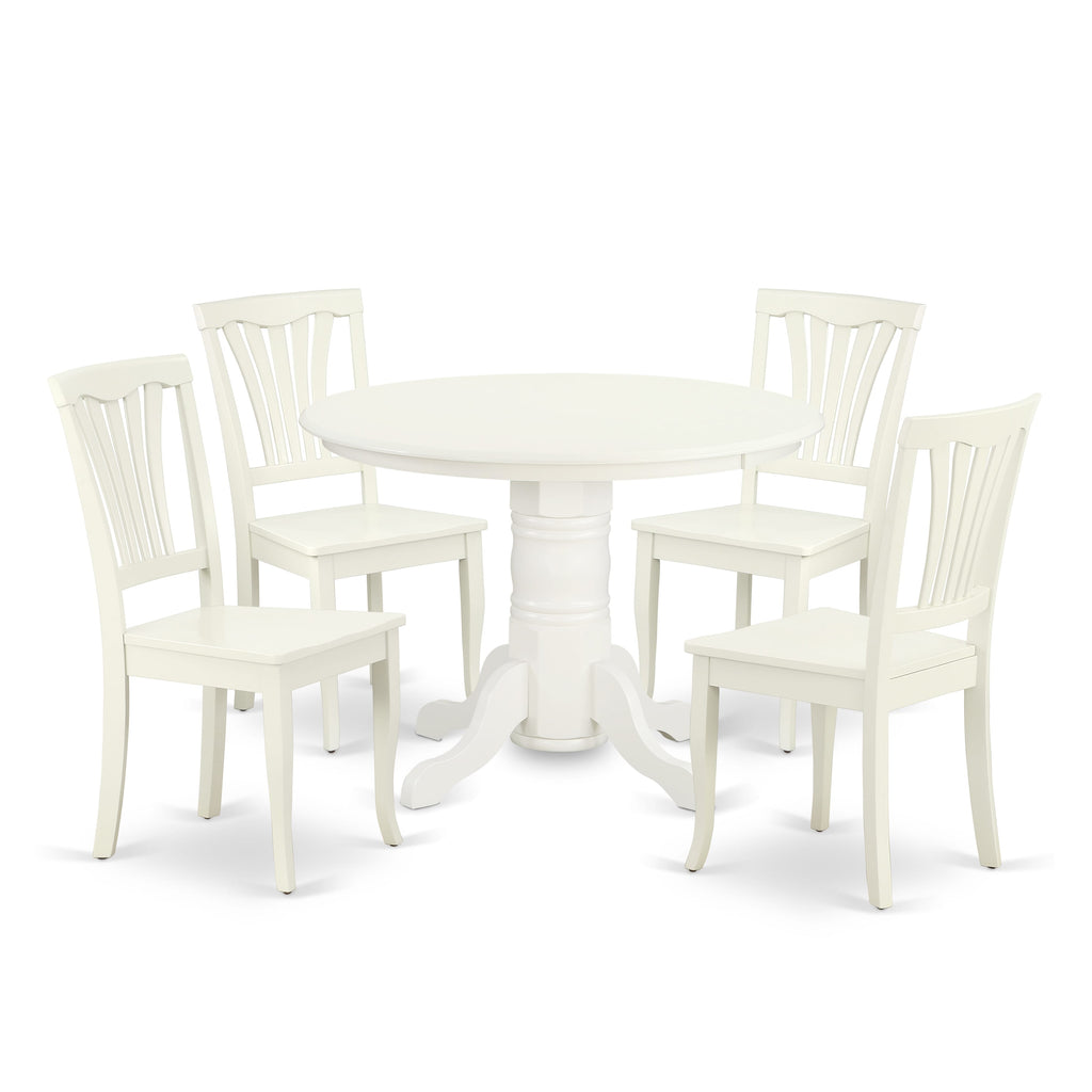 Complete SHAV5-LSX-Q Dining Ensemble Circular Table with Stand & 4 Chairs, Elegant Linen White Finish