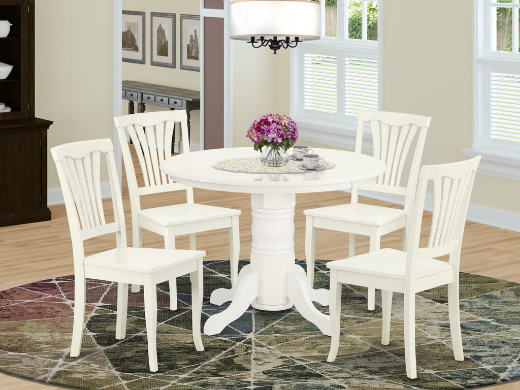 Complete SHAV5-LSX-Q Dining Ensemble Circular Table with Stand & 4 Chairs, Elegant Linen White Finish