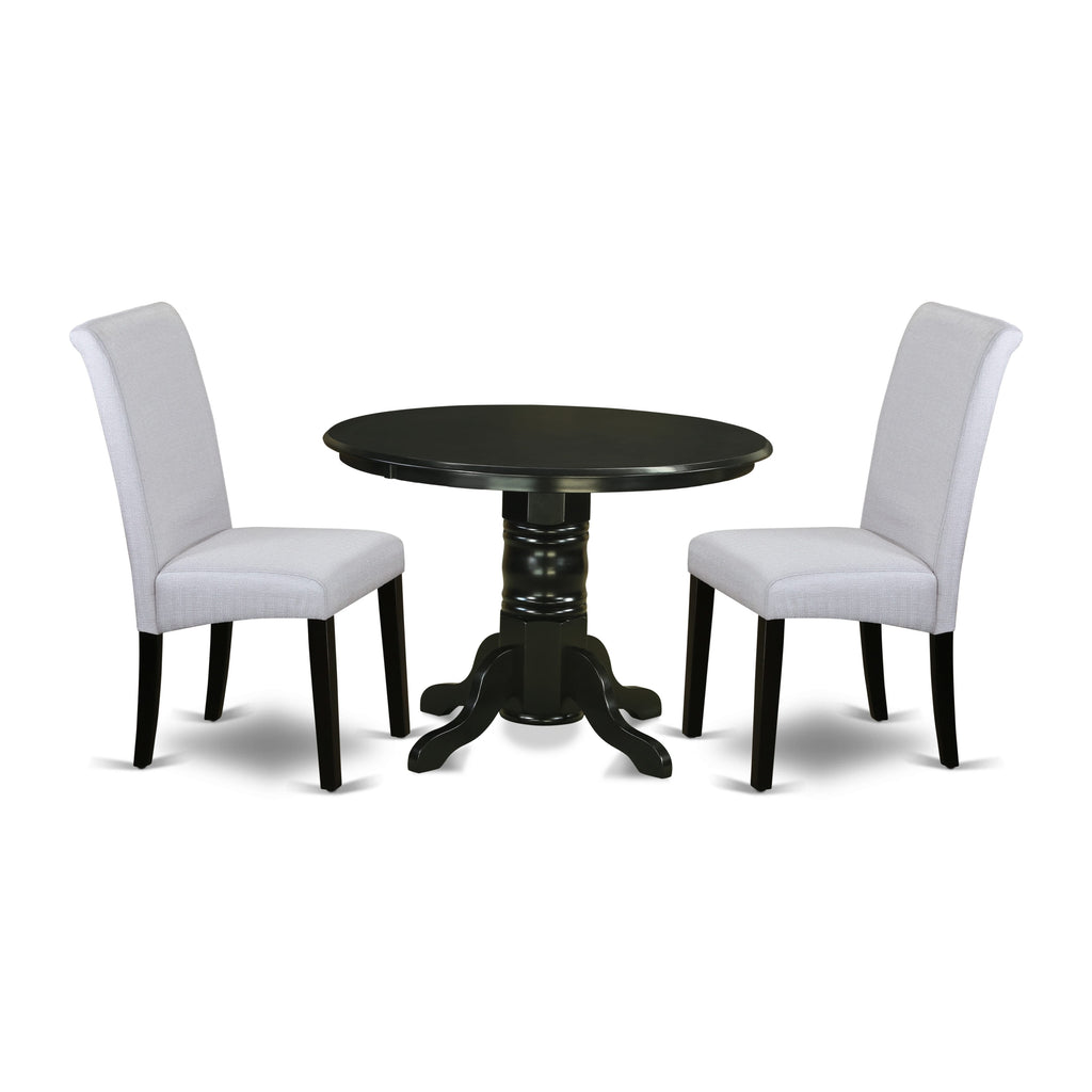 SHBA3-V1W-8G Dining Set Trio Featuring 42 Round Table & Pair of Grey Upholstered Parsons