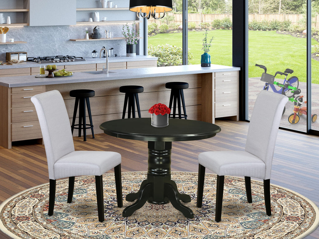 SHBA3-V1W-8G Dining Set Trio Featuring 42 Round Table & Pair of Grey Upholstered Parsons