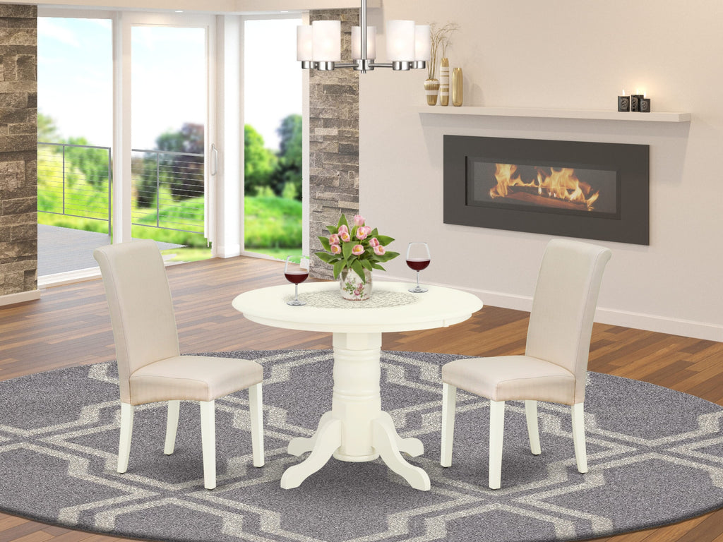 SHBA3-W26-4G Charming 3 Piece Dining Set with Pedestal and Creamy Upholstery, 42x42 Inch, Linen White