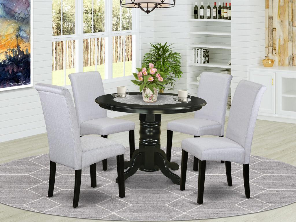 SHBA5-5EK-V3 5-Piece Dining Ensemble Elegant Round Table & 4 Grey Linen Parson Chairs, Black Finish