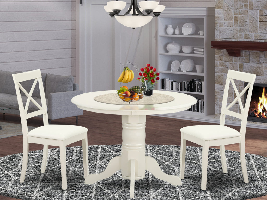 SHBO3-C92-V8 3-Piece Set with Round Table & Faux Leather Chairs for Cozy Areas, 42x42 Linen Finish