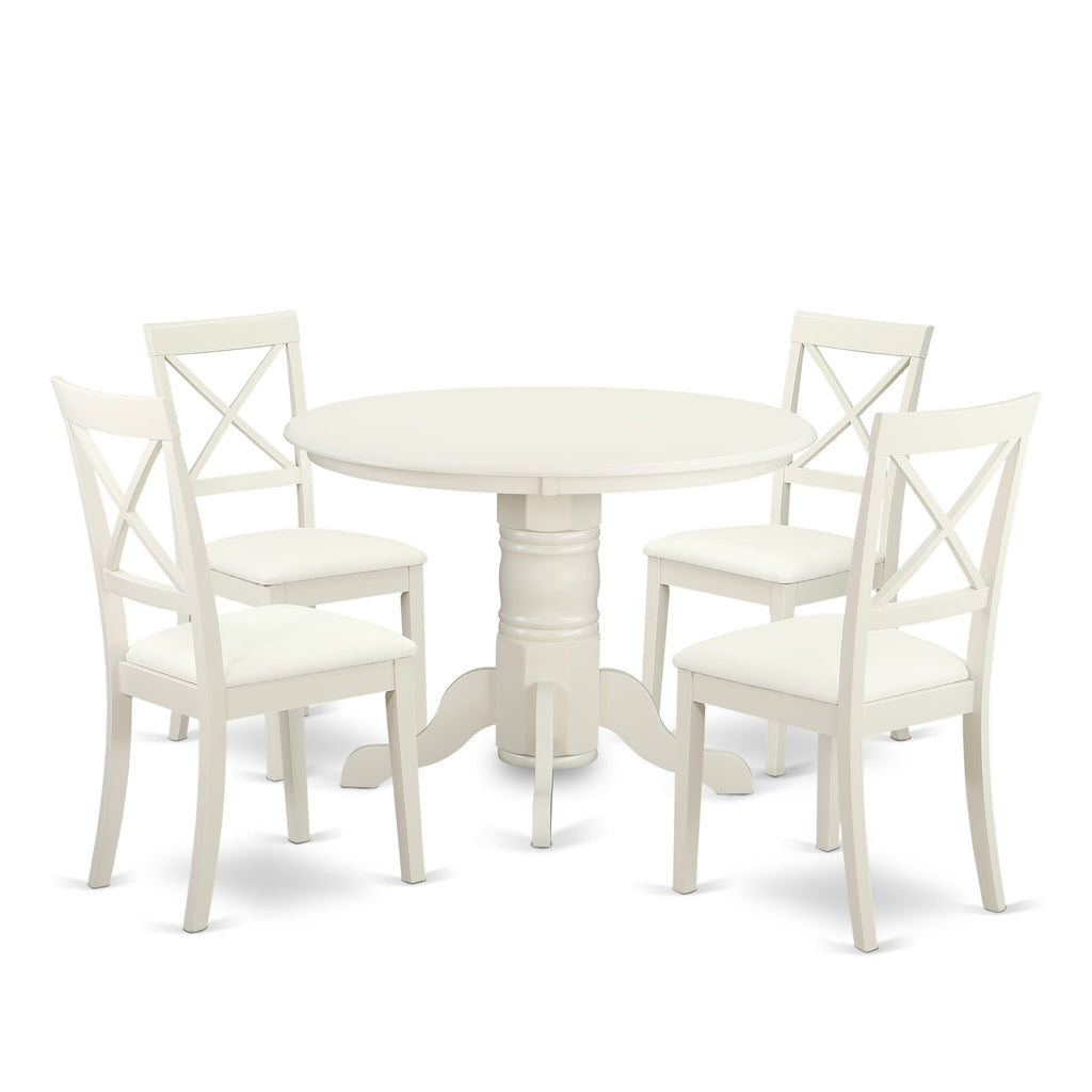 SHBO5-1AX-BD 5-Piece Dining Ensemble for Four with Round Table on Pedestal and Four Upholstered Faux Leather Chairs, 42x42 in White