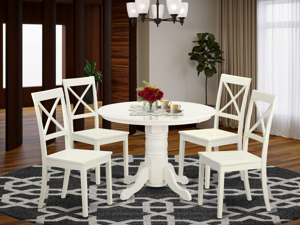 Dining Set SHBO5-SL4-C Elegant Round Wooden Table & 4 Chairs Ensemble, Classic Design, 42x42 Inch, Crisp Linens