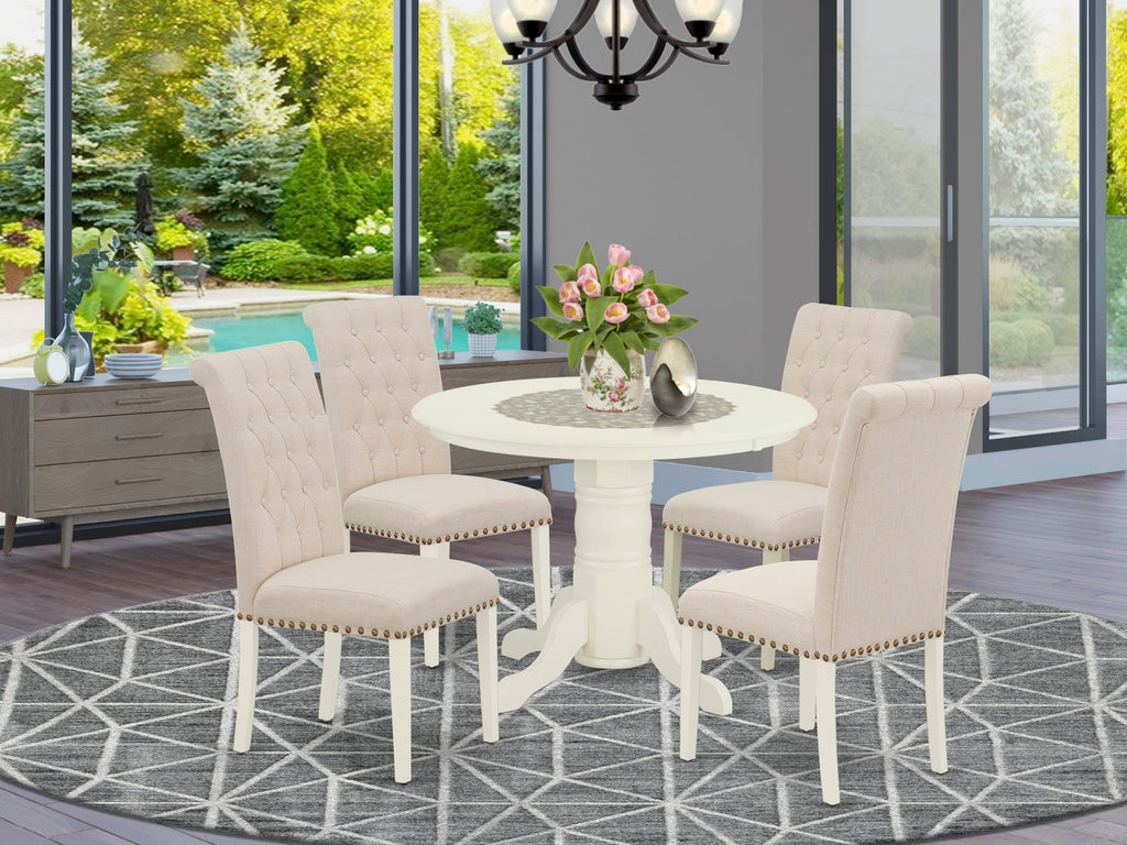 SHBR5-C6M-4D 5-Piece Round Dining Ensemble with Pedestal Table and 4 Light Beige Parson Chairs, Linen White Finish, 42x42
