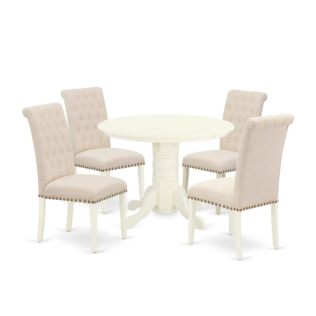 SHBR5-C6M-4D 5-Piece Round Dining Ensemble with Pedestal Table and 4 Light Beige Parson Chairs, Linen White Finish, 42x42