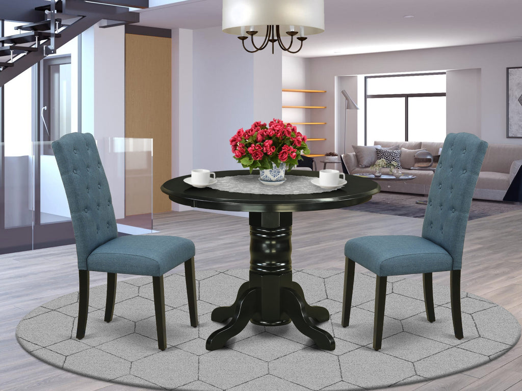 SHCE3-07B-2W 3 Pc Contemporary Circle Dining Setup Pedestal Base Table & 2 Mineral Blue Linen Seats, 42x42, Midnight Dark