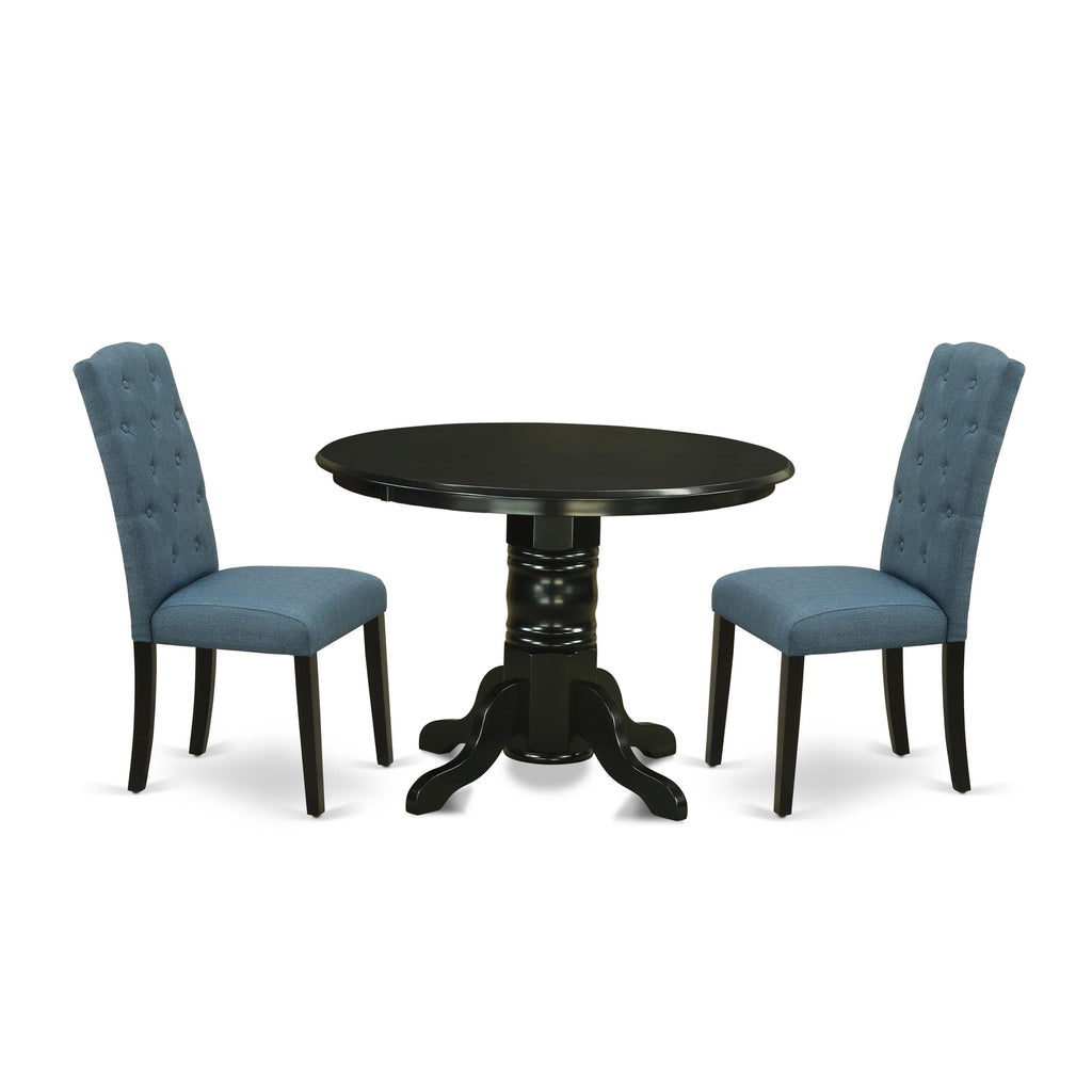 SHCE3-07B-2W 3 Pc Contemporary Circle Dining Setup Pedestal Base Table & 2 Mineral Blue Linen Seats, 42x42, Midnight Dark