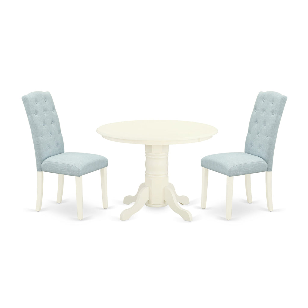 3-Piece Dining Set SHCE3-3GW-4K with Linen White Table and Blue Fabric Chairs