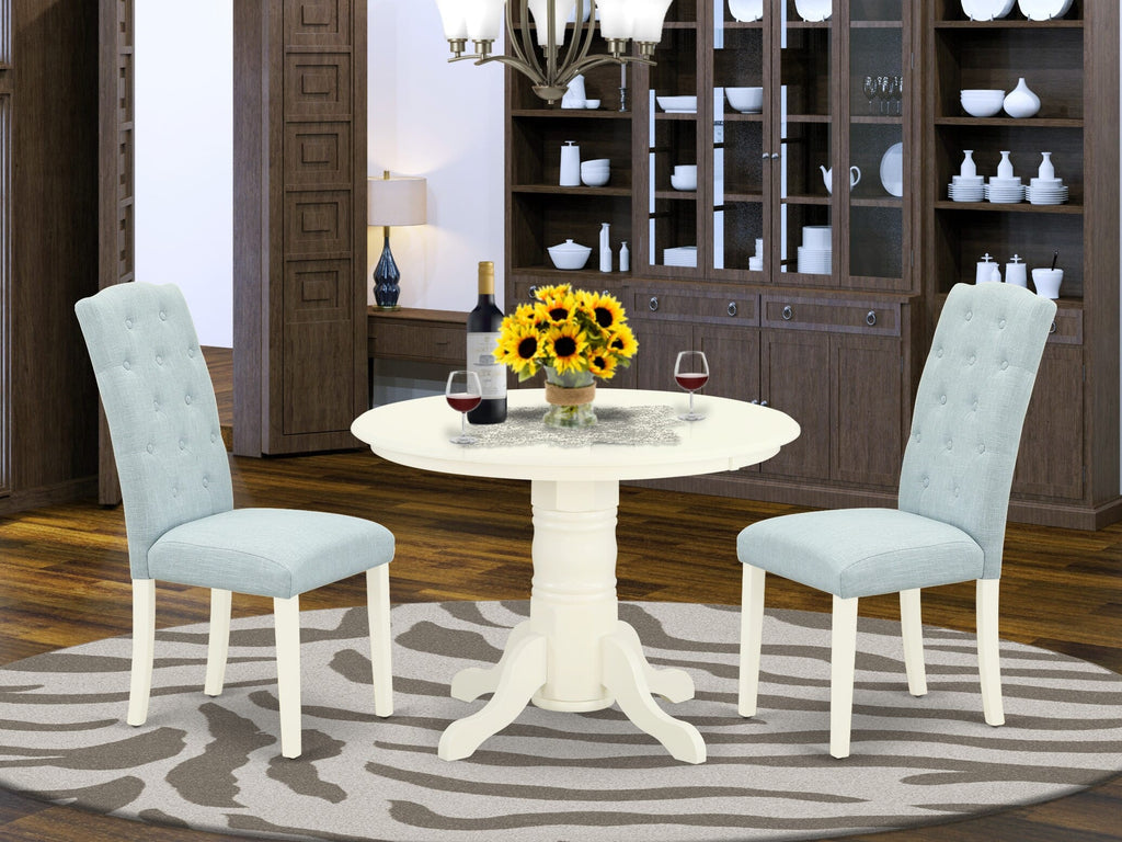 3-Piece Dining Set SHCE3-3GW-4K with Linen White Table and Blue Fabric Chairs