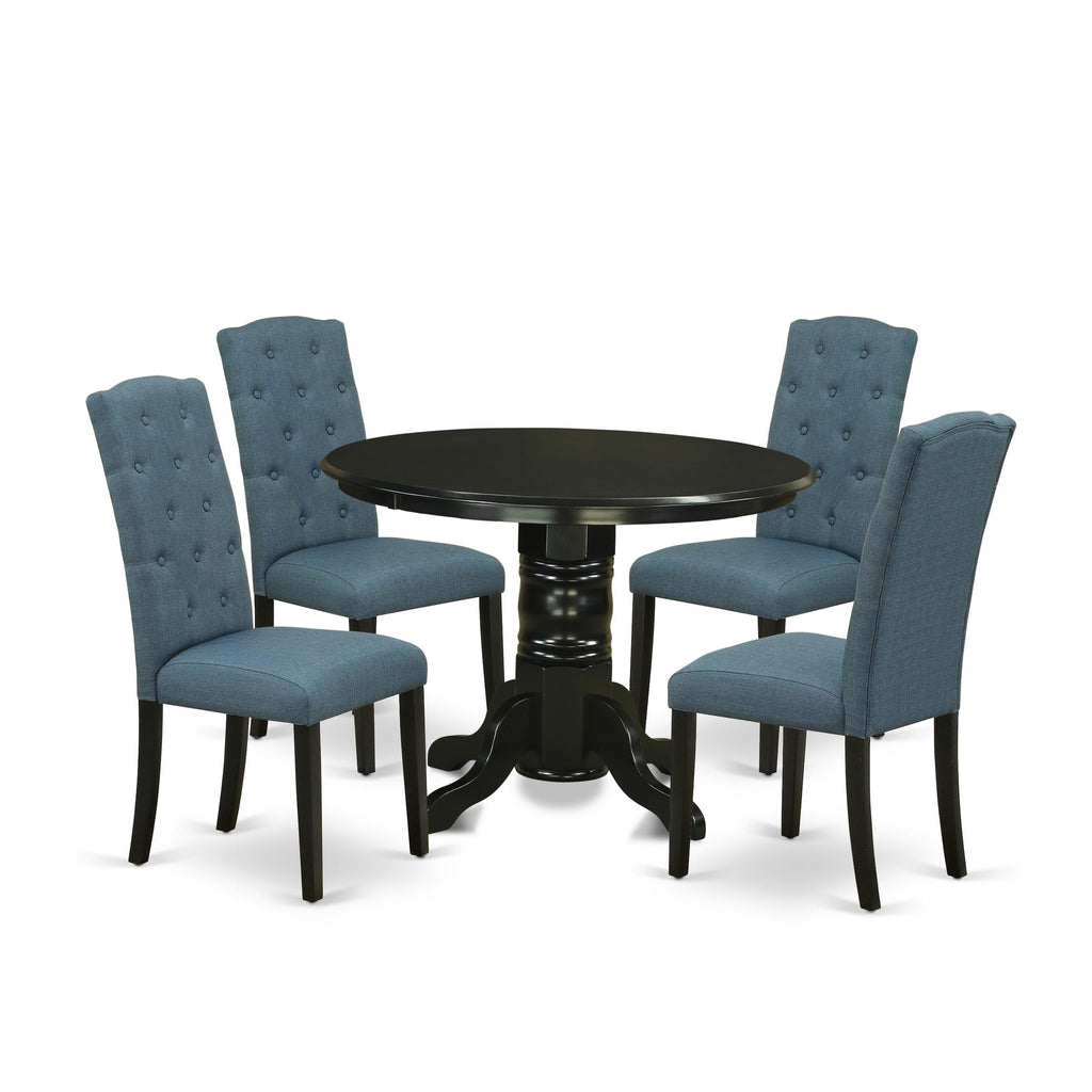 5-Piece Dining Set SHCE5-JVY-6W with Round Pedestal Table & Parson Chairs, Blue Linen Fabric