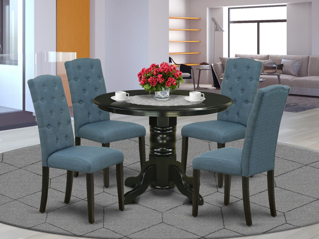 5-Piece Dining Set SHCE5-JVY-6W with Round Pedestal Table & Parson Chairs, Blue Linen Fabric