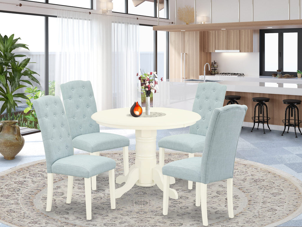 SHCE5-0B6-1R Exquisite 5-Piece Dining Ensemble Featuring Round Table and Upholstered Baby Blue Chairs, 42 Linen White