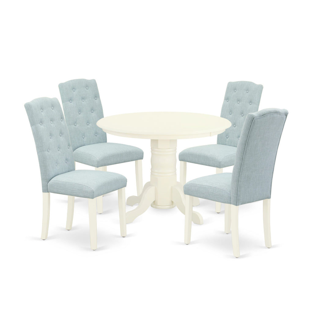 SHCE5-0B6-1R Exquisite 5-Piece Dining Ensemble Featuring Round Table and Upholstered Baby Blue Chairs, 42 Linen White