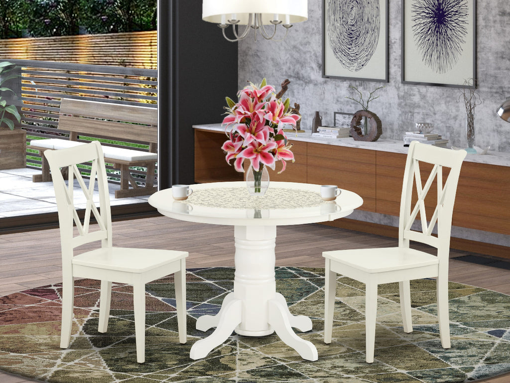 SHCL3-C7U-T Compact 3-Piece Dining Ensemble Pedestal Round Table with Two Chairs, 42x42 Inch, Perfect for Cozy Nooks, Linen White Finish
