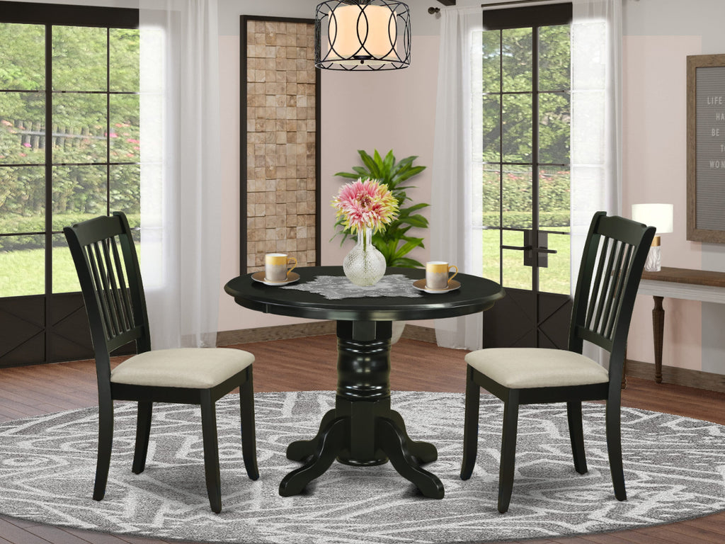 SHDA3-8UQ-1 Three-Piece Set Compact Round Table with Stand & Two Upholstered Chairs for Cozy Dining, Black