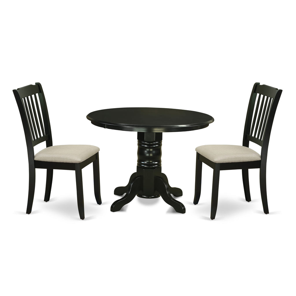 SHDA3-8UQ-1 Three-Piece Set Compact Round Table with Stand & Two Upholstered Chairs for Cozy Dining, Black