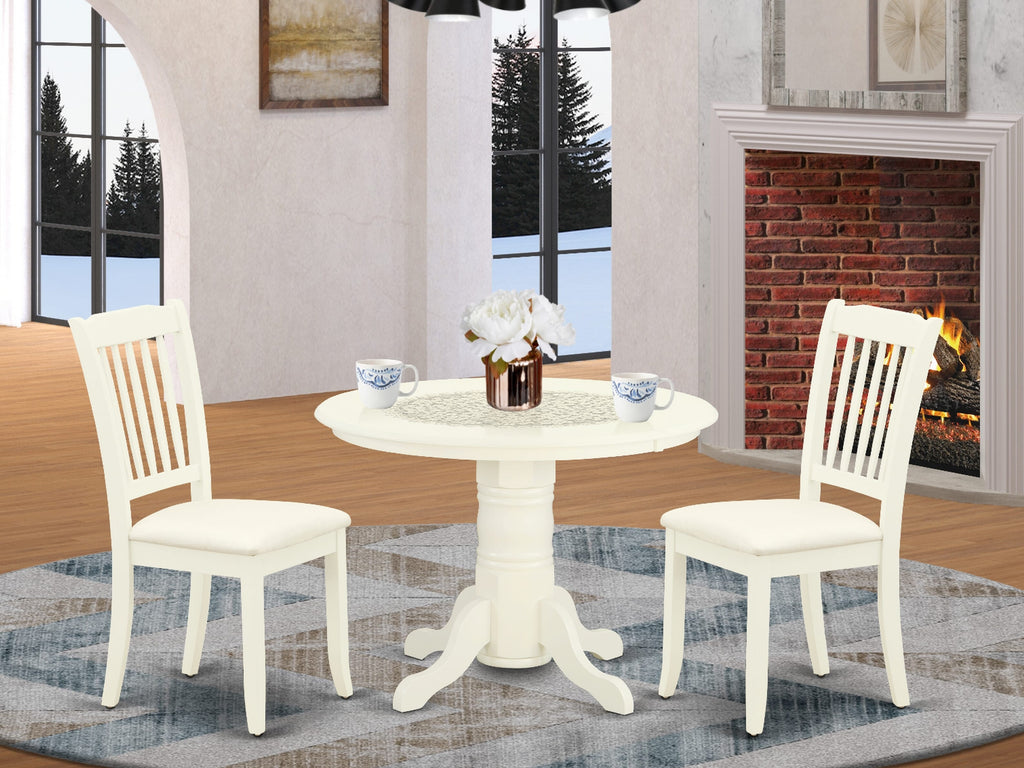 SHDA3-M5H-Z 3 Piece Dining Ensemble with Stylish Round Table and Upholstered Chairs in Linen White Finish