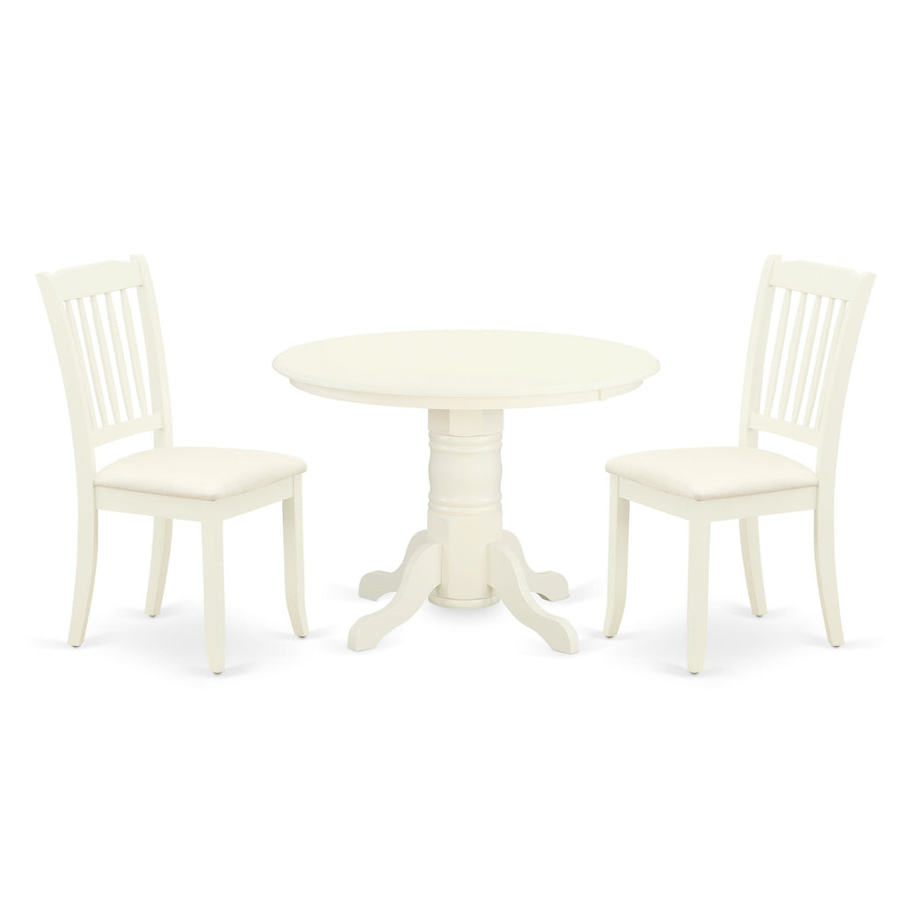 SHDA3-M5H-Z 3 Piece Dining Ensemble with Stylish Round Table and Upholstered Chairs in Linen White Finish