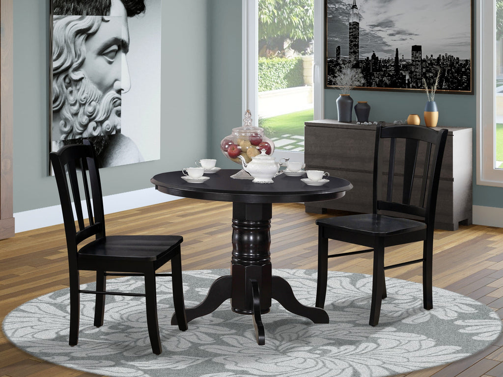 SHDL3-YZI-B 3-Piece Compact Dining Ensemble Featuring a Round Pedestal Table and Pair of Chairs, 42 Inch, Black
