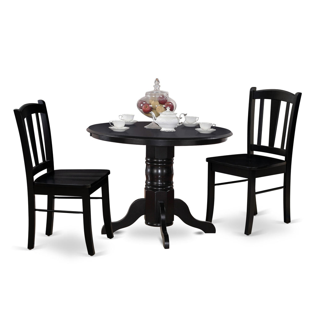 SHDL3-YZI-B 3-Piece Compact Dining Ensemble Featuring a Round Pedestal Table and Pair of Chairs, 42 Inch, Black