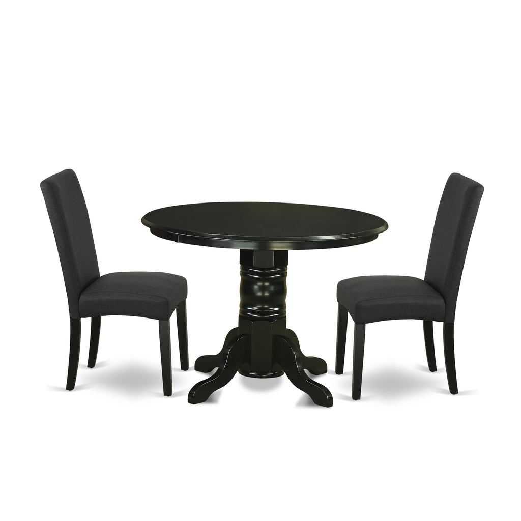 SHDR3-WYV-HU 3 Pc Dining Set with Round Pedestal Table & 2 Upholstered Chairs, Black Linen, 42x42