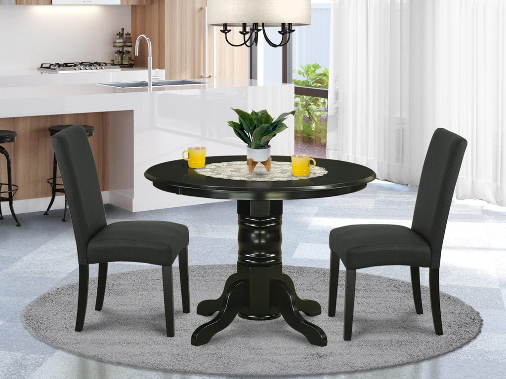SHDR3-WYV-HU 3 Pc Dining Set with Round Pedestal Table & 2 Upholstered Chairs, Black Linen, 42x42