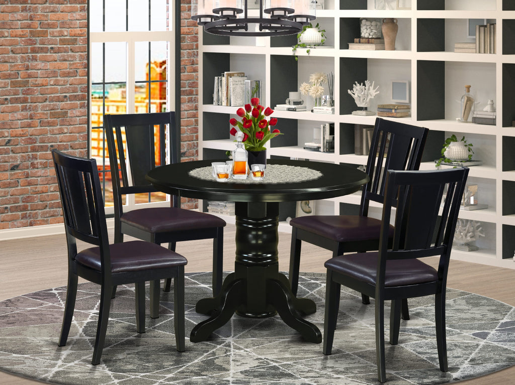 SHDU5-GGA-IC 5-Piece Set Circular Dining Table with Pedestal & 4 Faux Leather Chairs, Graphite Glaze