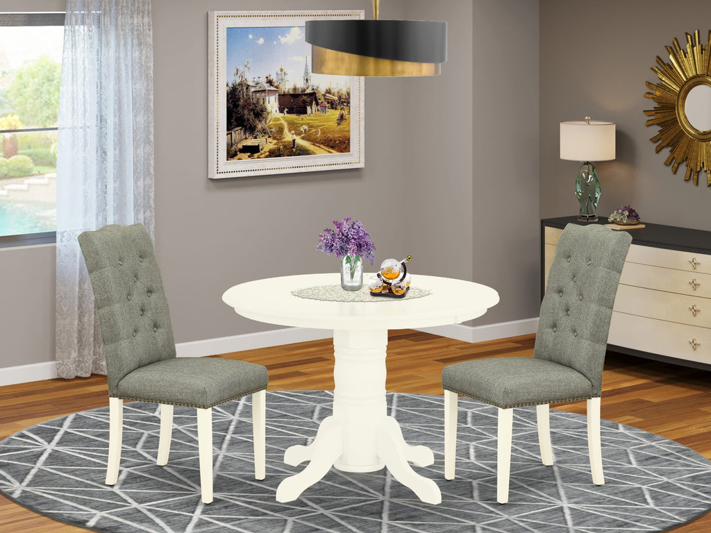 SHEL3-IUY-3O 3-Piece Dining Set Round Table with Pedestal Base and 2 Gray Linen Chairs, 42 White Finish