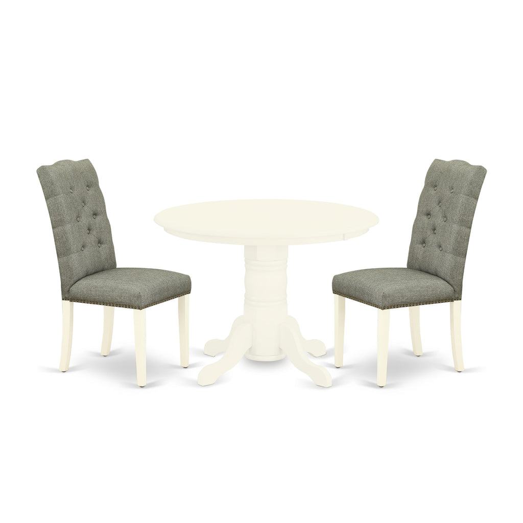 SHEL3-IUY-3O 3-Piece Dining Set Round Table with Pedestal Base and 2 Gray Linen Chairs, 42 White Finish