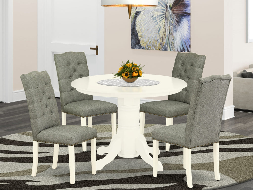 SHEL5-ZO0-T1 5-Piece Dining Ensemble with Round Table and 4 Elegant Parson Chairs in Gray Fabric, 42 Linen White