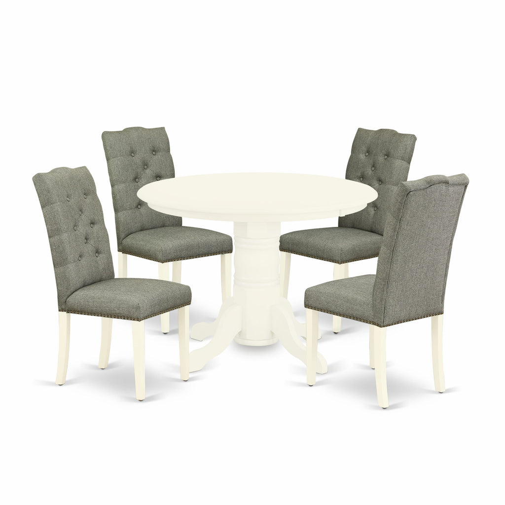 SHEL5-ZO0-T1 5-Piece Dining Ensemble with Round Table and 4 Elegant Parson Chairs in Gray Fabric, 42 Linen White