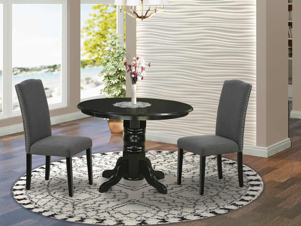 SHEN3-XPX-IN 3-Piece Dining Ensemble Round Pedestal Table & Pair of Gotham Linen Dark Chairs, 42 inches