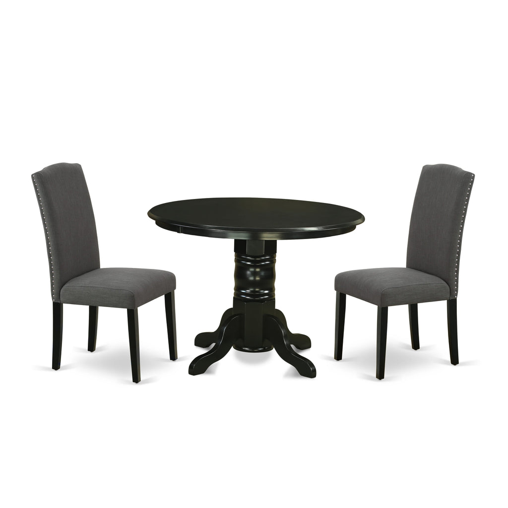 SHEN3-XPX-IN 3-Piece Dining Ensemble Round Pedestal Table & Pair of Gotham Linen Dark Chairs, 42 inches