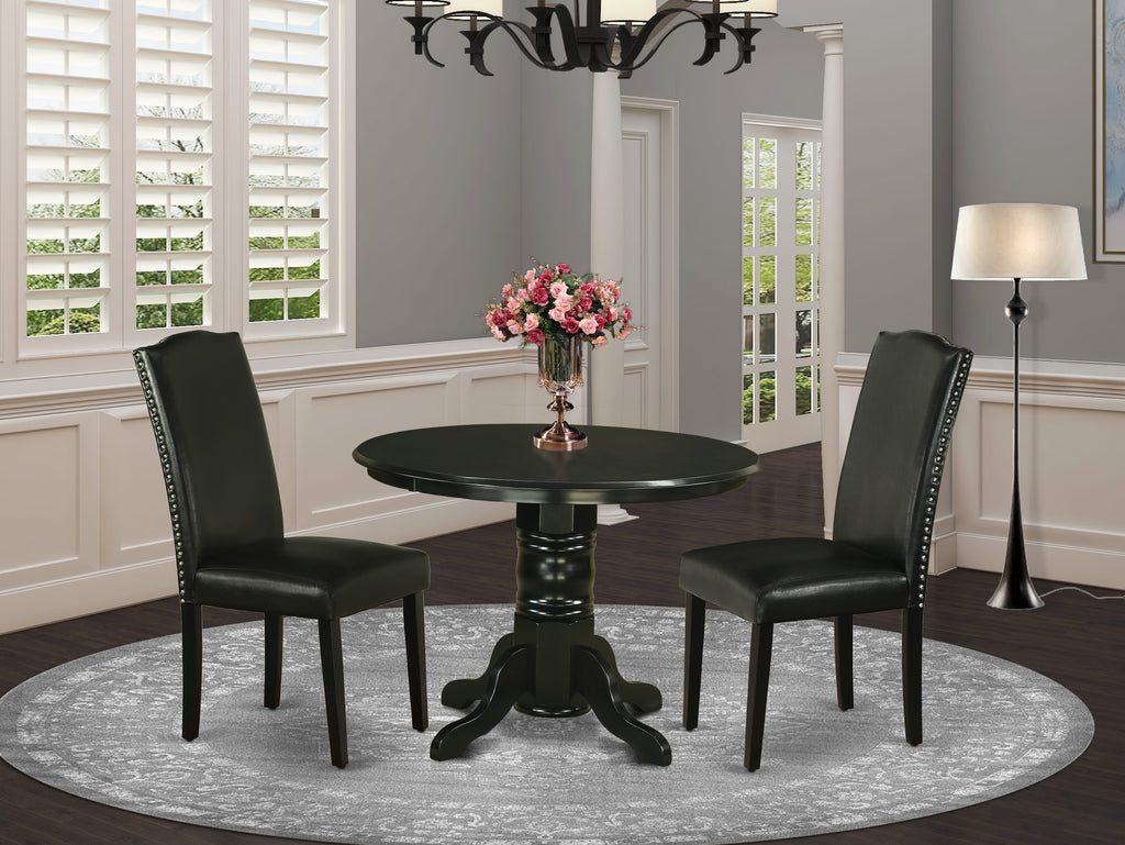 SHEN3-C35-R9 3-Piece Dining Ensemble Round Table and Stylish Black Faux Leather Chairs, 42x42