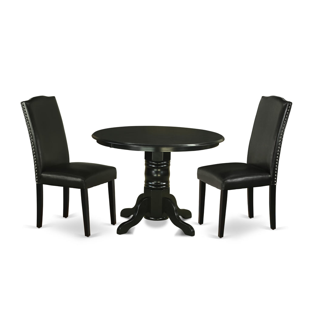 SHEN3-C35-R9 3-Piece Dining Ensemble Round Table and Stylish Black Faux Leather Chairs, 42x42