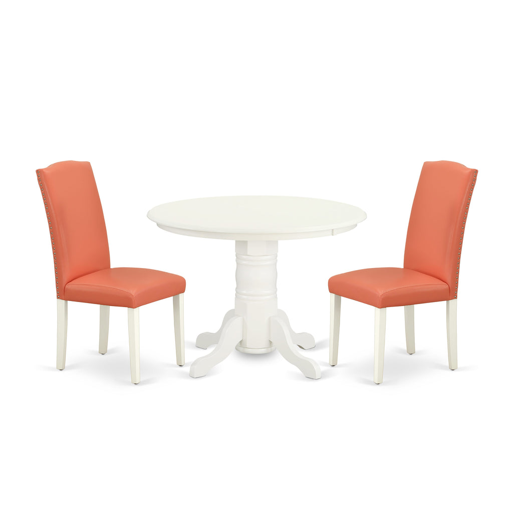 SHEN3-AGL-B6 Chic 3-Piece Set Round Pedestal Table with Pair of Flamingo Pink Faux Leather Chairs, 42-Inch in Fresh Linen Hue