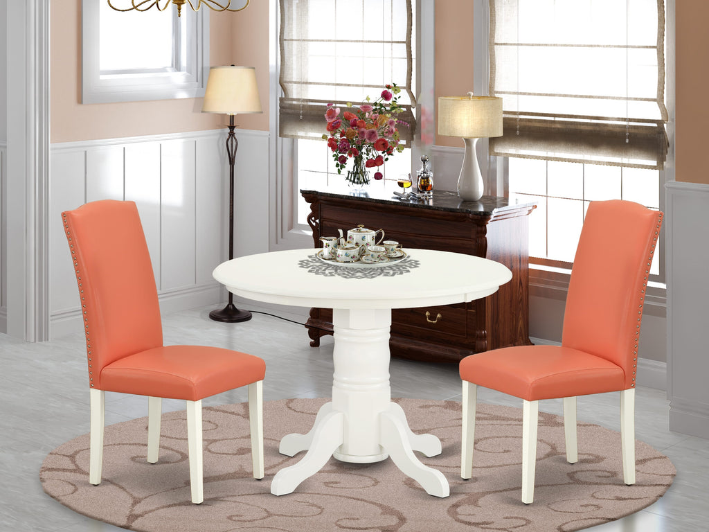 SHEN3-AGL-B6 Chic 3-Piece Set Round Pedestal Table with Pair of Flamingo Pink Faux Leather Chairs, 42-Inch in Fresh Linen Hue