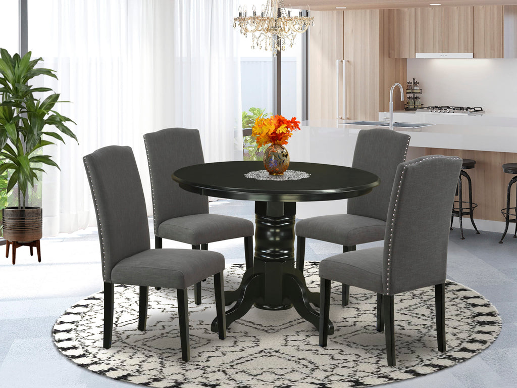 SHEN5-5JD-HS Round Dining Table Set with 4 Gotham Fabric Chairs in Black, 42