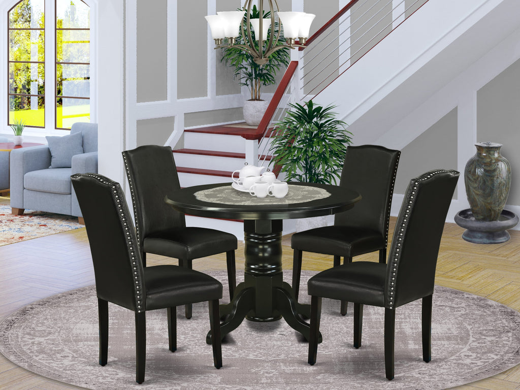 Luxurious 5-Piece Dining Set SHEN5-L9Z-RW with Round Pedestal Table and 4 Stylish Faux Leather Chairs - Black Finish