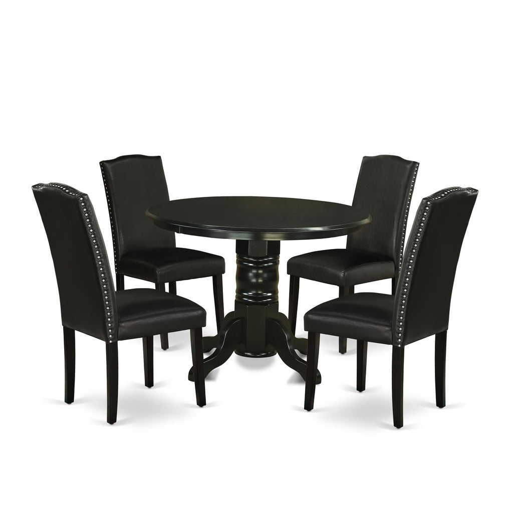 Luxurious 5-Piece Dining Set SHEN5-L9Z-RW with Round Pedestal Table and 4 Stylish Faux Leather Chairs - Black Finish